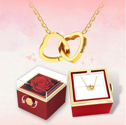 Custom Double Heart Engraved Name Steel Necklace with Eternal Rose Box